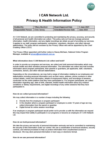 I CAN - PRIVACY AND HEALTH POLICY