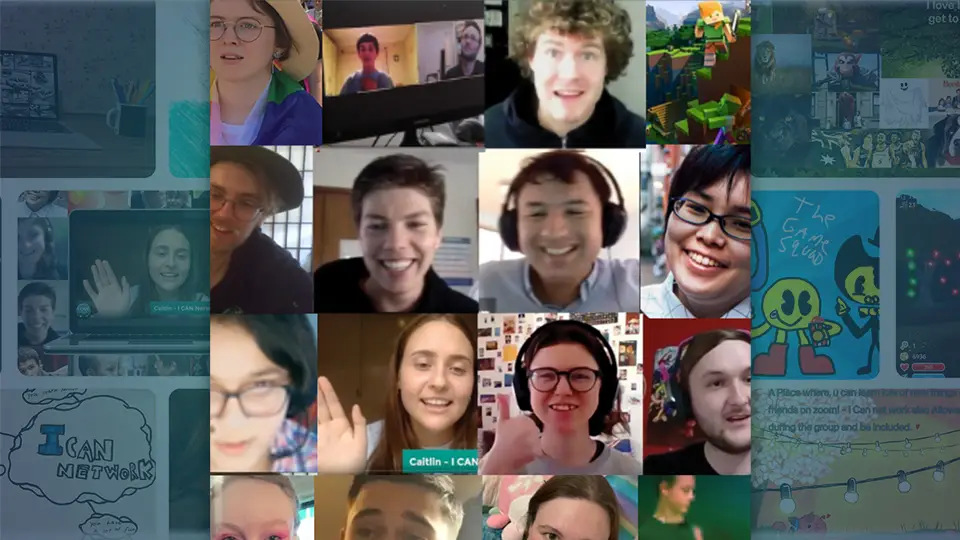 Autistic teens smiling in an I CAN Online Zoom interest group collage